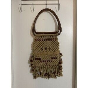 VTG Purse Macrame Lucite Handles Beige Color Brown wood Beads Grannycore